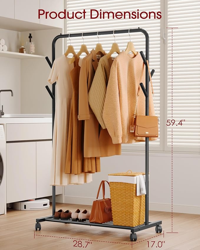 Clothes Rack - Metal Coat Rack with Bottom Shelf, Portable Wardrobe Rack with 6 Side Rods, Rolling Clothing Rack for Hanging Clothes for Bedroom or Laundry Room (Black, 28.7 x 17 x 59.4)