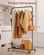 Clothes Rack - Metal Coat Rack with Bottom Shelf, Portable Wardrobe Rack with 6 Side Rods, Rolling Clothing Rack for Hanging Clothes for Bedroom or Laundry Room (Black, 28.7 x 17 x 59.4)