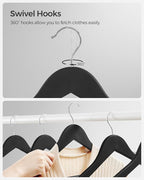 SONGMICS Set of 20 Wooden Hangers with Rubber Coating, Non-Slip Coat Hangers with Shoulder Grooves, Pants Bar, 360° Swivel Hook, for Jackets, Shirts, Black UCRW011B02