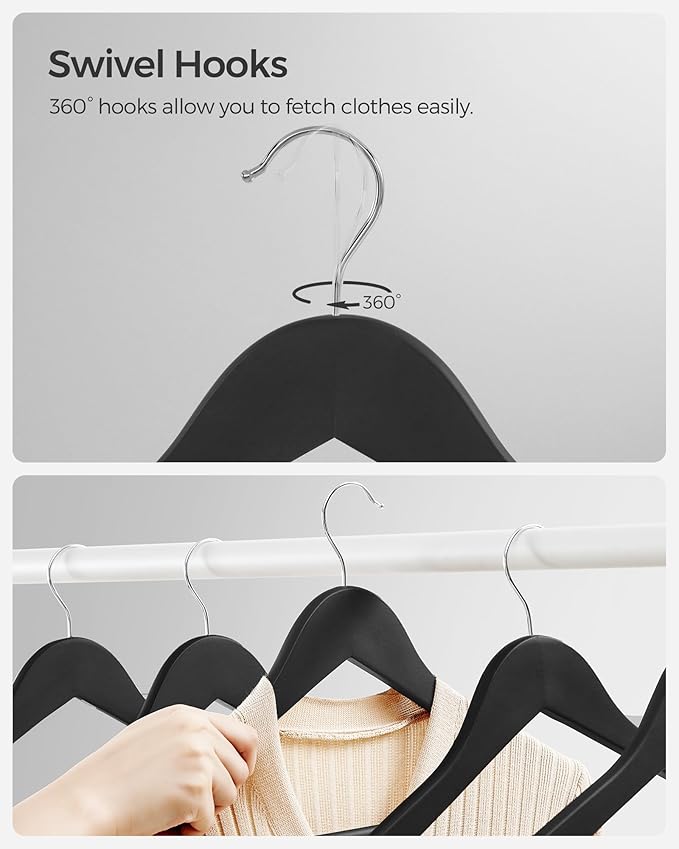 SONGMICS Set of 20 Wooden Hangers with Rubber Coating, Non-Slip Coat Hangers with Shoulder Grooves, Pants Bar, 360° Swivel Hook, for Jackets, Shirts, Black UCRW011B02