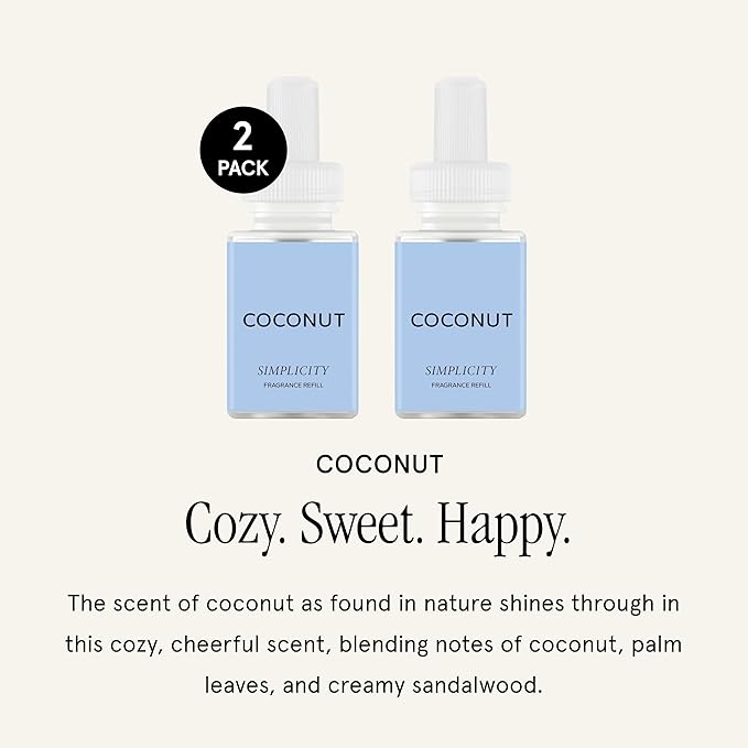Pura & Simplicity Home Scent Refill - Smart Air Diffuser - Long-Lasting Luxury Fragrance per Refill - Home Essential - Clean & Safe Diffuser Fragrance - 2 Pack, Coconut