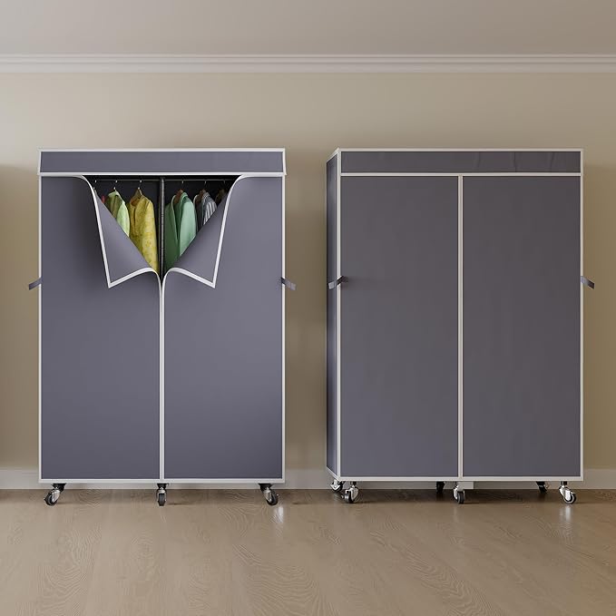 H9 Heavy Duty Rolling Clothes Rack with Cover, Covered Garment Rack with Wheels and Shelves, Wardrobe Closet, Portable Closet for Hanging Clothes, Black Clothing Rack with Grey Cover