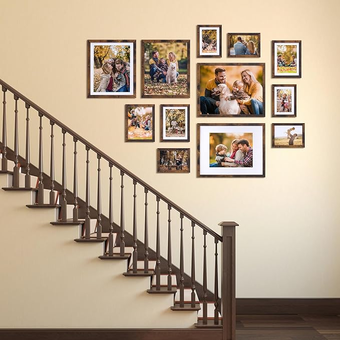 Lyeasw 8x10 Picture Frame 15 Pack, Display Pictures 8x10 with Mat or 9x11 without Mat, Brown Rustic Bulk Photo Frames for Wall or Tabletop