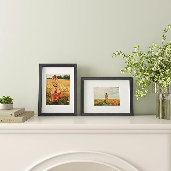 Egofine A4 Picture Frames Set of 4, Made of Solid Wood Covered by Plexiglass 5x7 and 6x8 with Mat or A4 without Mat, for Table Top Display and Wall Mounting Photo Frame Rustic Black
