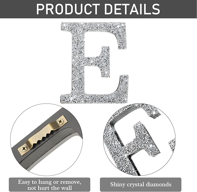Qunclay 5.7" Silver Crystal Diamond Bling Letters Crushed Diamond Decoration Wooden Glitter Letter with Screw and Hooks Rhinestone Gift for Wedding Y2k Mcbling Bedroom Wall Decor (Letter E)
