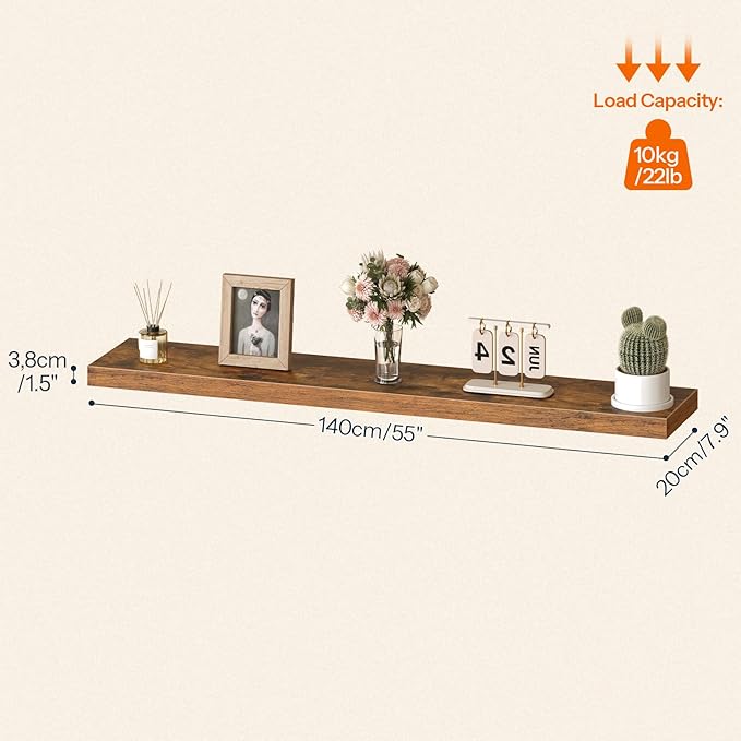 HOOBRO Floating Shelves for Wall, Wall Mounted Shelf Set of 2, 55" Hanging Shelf with Invisible Brackets, for Wall Storage in Bathroom Bedroom Kitchen Living Room Office, Rustic Brown BF140BJP201