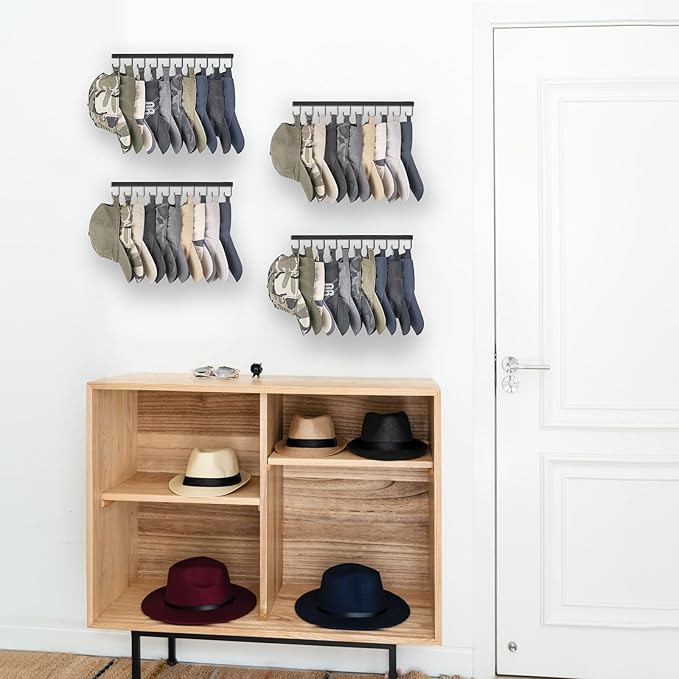 Mkono Hat Rack for Wall Hat Storage Organizer for 40 Baseball Caps, Modern Metal Closet Hat Hooks, Wall Mount Ball Caps Holder Organizer for Bedroom Entryroom Closet Organization, Set of 4, Black