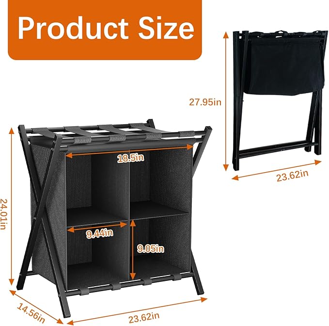 Luggage Rack for Guest Room, Set of 2, Folding Suitcase Stand with Fabric Storage Shelf, Luggage Holder, Steel Foldable Luggage Stand for Guest Room, Bedroom, Hotel, Black