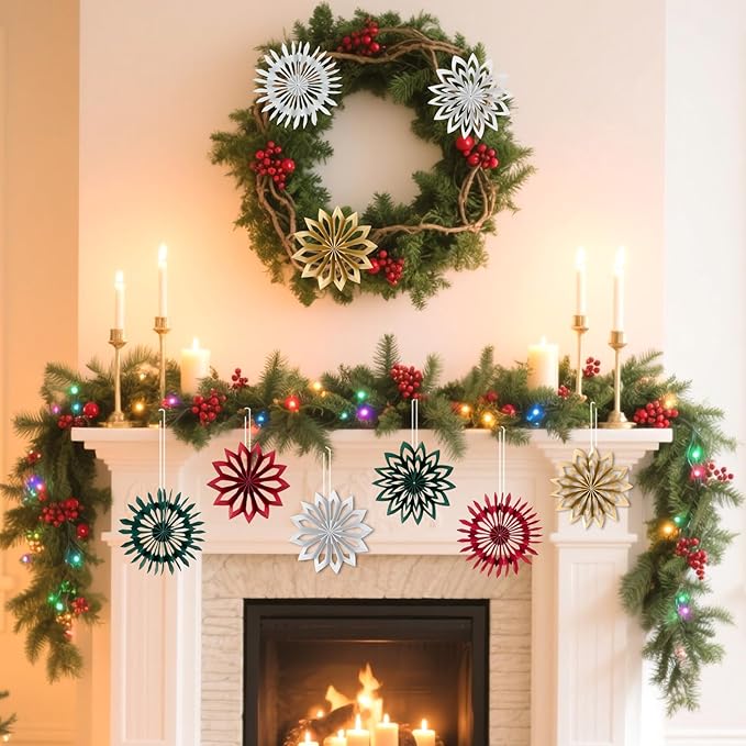 SUNBEAUTY 9PCS Christmas Hanging Decorations, Boho Christmas Decor Hanging Paper Snowflakes Mini Christmas Tree Ornaments for Xmas Tree Window Ceiling Door(Red White Green Brown)