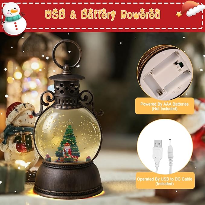 Christmas Snow Globe Lantern - Lighted Musical Water Globes with 6H Timer, Glittering Swirling Nutcracker & Train Scene, Battery/USB Powered Holiday Decoration for Indoor Christmas Decor & Gifts