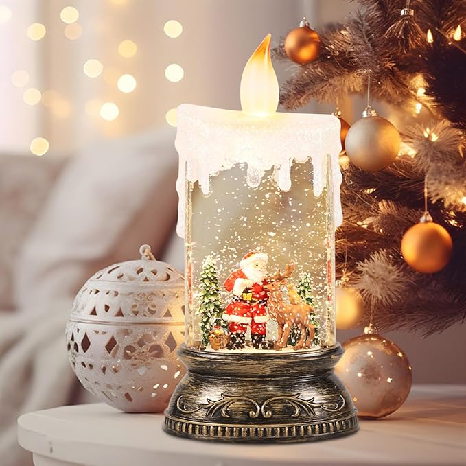 Wondise Rechargeable Musical Snow Globe Lantern with 6H Timer, Battery Operated USB Powered Lighted Snow Globe Lamp Spinning Water Swirling Glitters Holiday Decor Santa Deer
