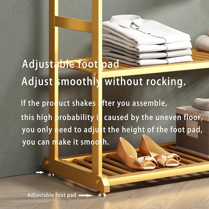 Gold Clothing Rack,Metal Garment Rack with Bottom Storage Shelves and 6 Side Hooks,modern Sturdy clothes racks for hanging clothes,Freestanding Wardrobe Rack for Bedroom or Boutique (L:39.4IN)