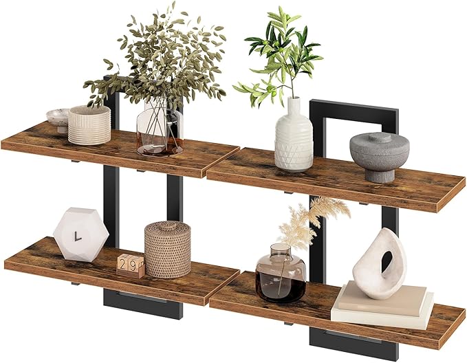 HOOBRO Floating Shelves, 15 Inch Wall Shelf Set of 2, Wall Mounted Storage Shelves 2-Tier, Hanging Bathroom Shelves, for Living Room, Bedroom, Bathroom, Kitchen, Rustic Brown and Black BF32BJ01G1