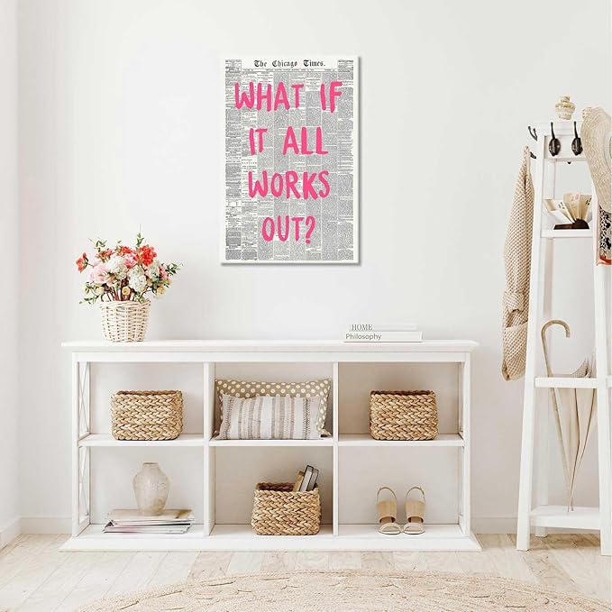 Drimiler What If It All Works Out Poster Retro Newspaper Pink Font Canvas Wall Art Positive Affirming Quote Minimalist Prints Painting For Home Bedroom Dorm Wall Decor 12x16in Wframed