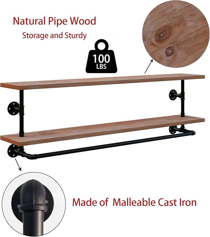 Clothes Rack 60in, 2-Tier Wall Mounted Garment Rack with Real Wood Shelf, Heavy Duty Hanging Clothes Rack, Multi-Purpose Hanging Rod, Space-Saving Closet Storage