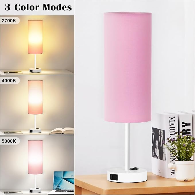 ZJOJO Table Lamp for Bedroom 2 Pack,18in Bedside Lamps with 3 Way Dimmable Rocker Switch & AC Outlet,Nightstand Desk Lamp with Pink Fabric Shade White Base for Living Room Home Decor Lights