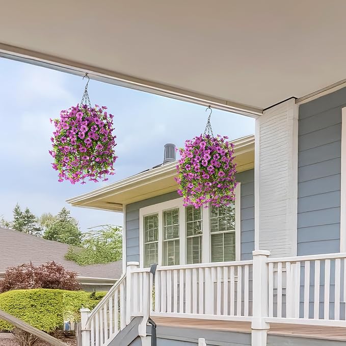 INQCMY Artificial Hanging Flowers with Basket for Spring Outdoor Decoration 3 Bunches of Silk Daisy Flower Uv Resistant for Garden Porch Patio Balcony Yard Decor (Purple2)