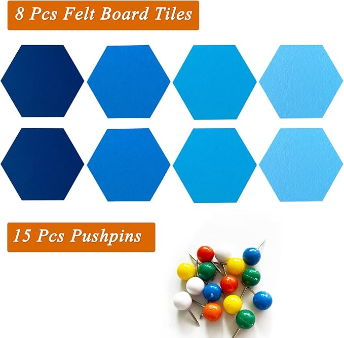 8Pcs Hexagon Felt Cork Board Tiles, Self Adhesive DIY Bulletin Board Pin Board for Office School Home Wall Decor Stickers Memos Photos Display (Gradual Blue)