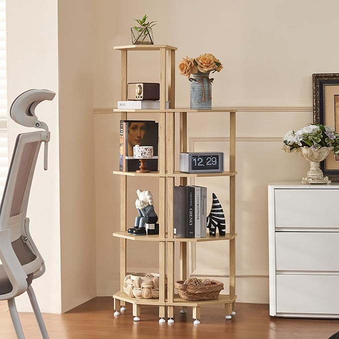 YUFAM 4-Tier Corner Shelf with Sturdy 5-Leg Base, Wooden Corner Bookshelf for Small Spaces, Corner Standing Shelf for Living Room, Bedroom, Bathroom, Natural