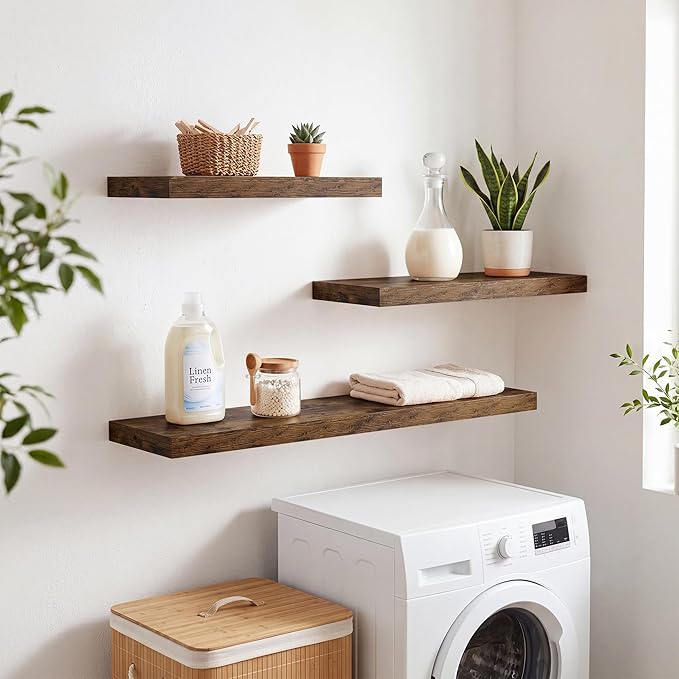 RICHFOCUS 20Inch Floating Shelves for Wall 2 Pack Shelves for Bedroom|Kitchen|Bathroom|Laundry Room Rustic Wood Wall Mounted Shelf with Invisible Brackets for Books|Storage|Decor, Rustic Brown