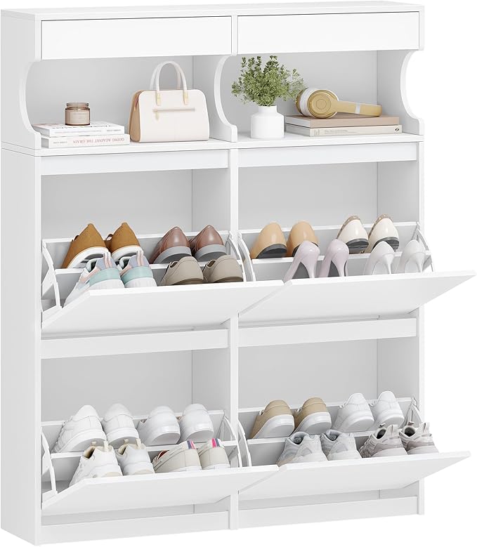 Shoe Cabinet with 4 Flip Drawers & 2 Top Drawers, Narrow Hidden Shoe Storage Cabinet for Entryway, Freestanding Shoes Organizer with Storage Space, 16-20 Pairs, for Hallway, White SR57603X