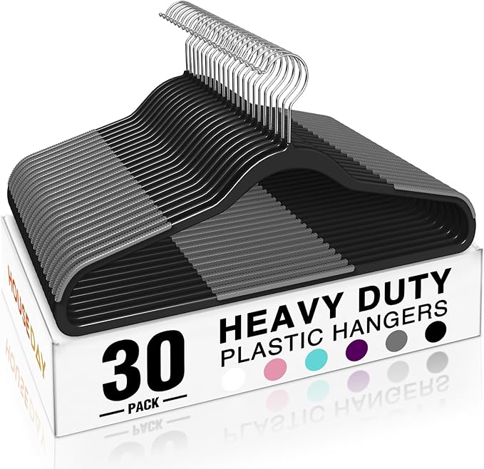 HOUSE DAY Heavy Duty Plastic Hangers 30 Pack, Non Slip Clothes Hangers with Rubber Pads and 360° Hook - Thin 0.2 Inch, Space Saving Coat Hanger Black, Closet Organizer for Shirt, Pants, Suit, Skirt
