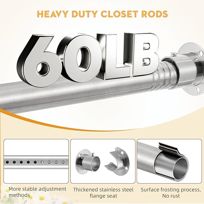 1.3 Inch Diameter Closet Rods for Hanging Clothes 17-87 Inch Adjustable, Metal Heavy Duty Closet Pole, Silver Closet Bar for Hanging Clothes, Suitable for Closet, Wardrobes, Bathroom, Windows