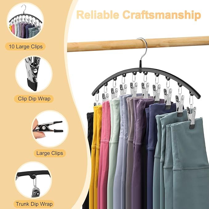 Legging Organizer for Closet, Metal Yoga Pants Hangers 1 Pack w/10 Clips Holds 10 Leggings, Space Saving Hanging Closet Organizer w/Rubber Coated Closet Organizers and Storage, Black