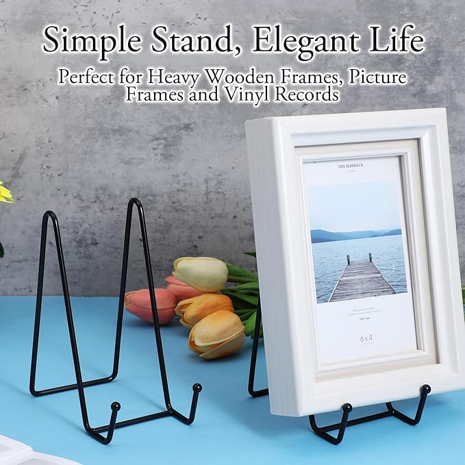 12 Pack 6 Inch Metal Plate Display Stands, Black Multi-Purpose Easel Stands for Photos/Books/Plaques/Artwork, Tabletop Holder
