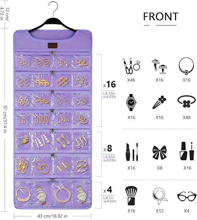 SMRITI Hanging Jewelry Organizer with Dual Zippered Pockets Canvas Double Sided Rotating Hanger Necklace Hanging Wall Organizer Earring Dustproof Holder Wall Mount Accessories Display Bag(Purple)