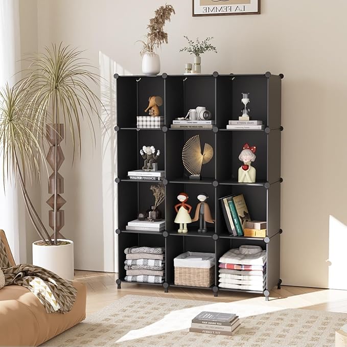 AWTATOS Cube Storage Organizer Closet Storage Shelves DIY Stackable Plastic Storage 12 Cube Bookshelf, Ideal Storage Organizer for Closet, Home, Bedroom, Black