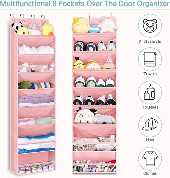 KEETDY Over The Door Shoe Organizer Fit 20 Pairs Sneakers Large Hanging Shoe Organizer for Closet Door Storage Boots, Pink