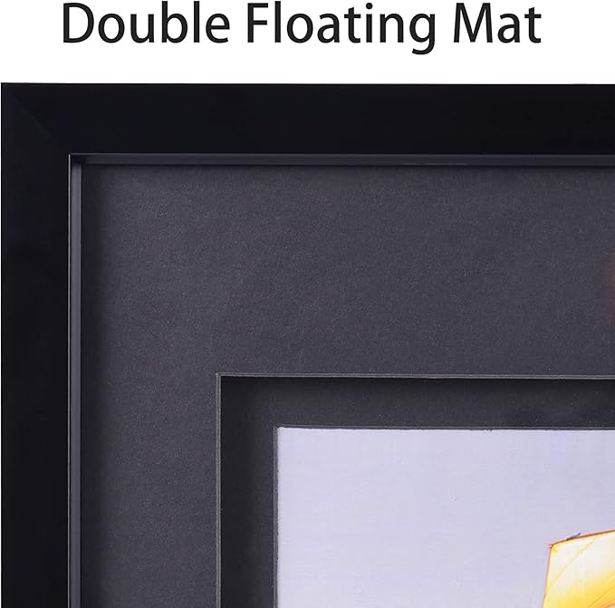 Yaetm 11x14 Double Floating Mat Picture Frame Set of 4, Display Picture 8x10 with Black Double Mat, Polished High Definition Tempered Glass, Wall Mounting Photo Frames, Black/Black