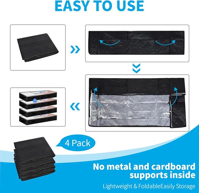 4 Pack Under bed Storage Containers, 90L Large Capacity Bedroom Closet Organizers and Storage Bins Foldable Underbed Storage Bags for Clothes, Blanket, Towels, Comforter, Sweaters, Linen Sheet - Black