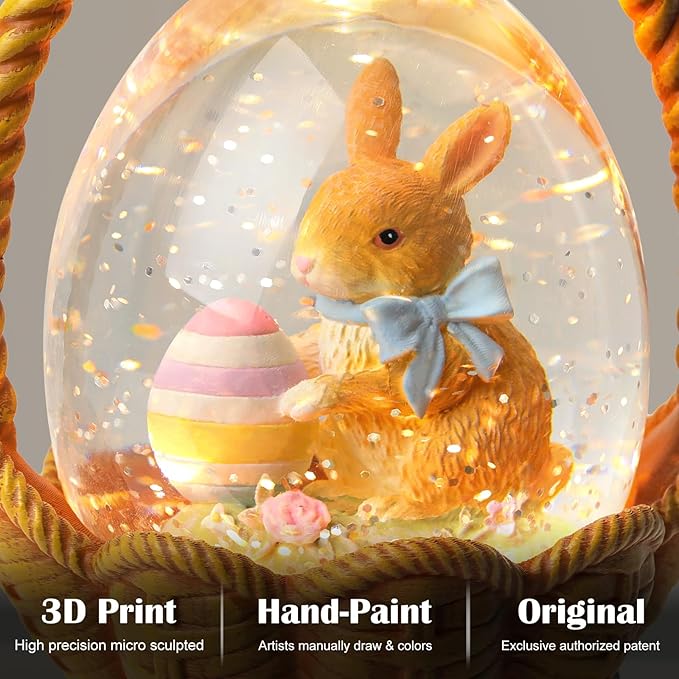 Easter Snow Globe Basket Easter Bunny Eggs Decorations Gifts Auto Snowfall Glitter Music Collection with 6H Timer USB/Battery Powered 6.4 Inch