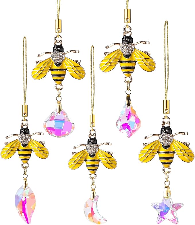5PCS Hanging Decorations Xmas Tree Hanging Metal Bee Ornaments Gold Bee Mini Crystal Prism Suncatchers for Party Wedding Home Decor