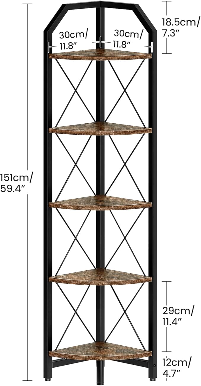 CHOEZON 59.4" Corner Shelf, 5-Tier Industrial Corner Bookshelf, Corner Storage Stand, Plant Stand Display Shelf, Bookcase for Bedroom, Living Room, Home Office, Rustic Brown and Black TCJ10BF