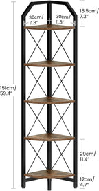 CHOEZON 59.4" Corner Shelf, 5-Tier Industrial Corner Bookshelf, Corner Storage Stand, Plant Stand Display Shelf, Bookcase for Bedroom, Living Room, Home Office, Rustic Brown and Black TCJ10BF