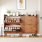 Shoe Storage Cabinet with 2 Flip Drawers, Entryway Shoe Cabinet with 2 Metal Hooks & Adjustable Shelves Freestanding Shoe Organizer Narrow Shoe Rack for Entrance Hallway Foyer Front Door,Walnut