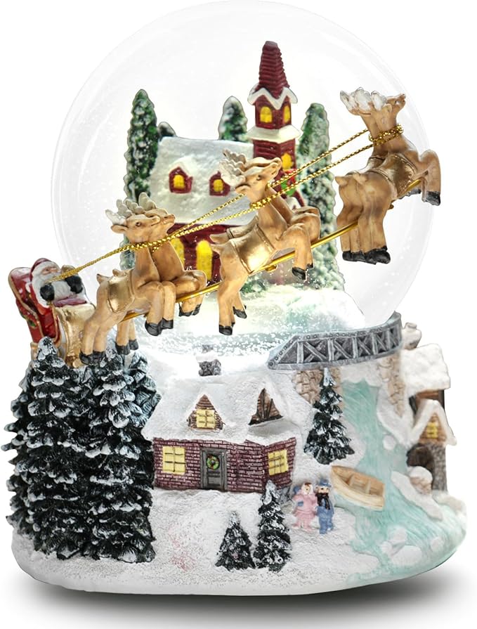 7'' H Christmas Snow Globe with Light up and Musical Spring Decoration Gift, Snowflakes Water Globe, Santa Sleigh Reindeer Resin Snow Globe, Christmas Holiday Indoor Decor.