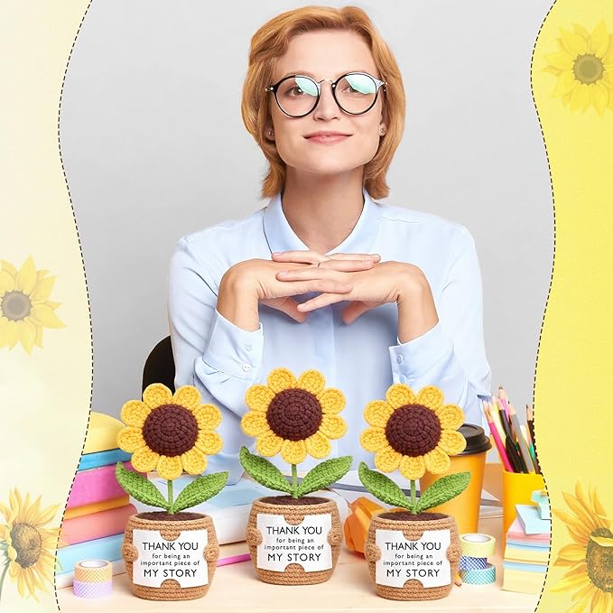 Wavwavw 3 Pack Teacher Appreciation Gift Positive Flower Handmade Crochet Doll Thank You for Helping Me Grow Gifts Back to School Gifts for Women Teacher(Puzzle Sunflower)