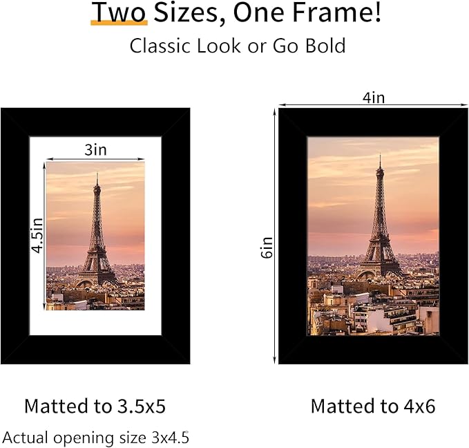4x6 Picture Frame 3 Pack - Black Poster Frame Display Pictures 3.5x5 with Mat or 4 x 6 Without Mat for Wall Hanging Horizontal and Vertical