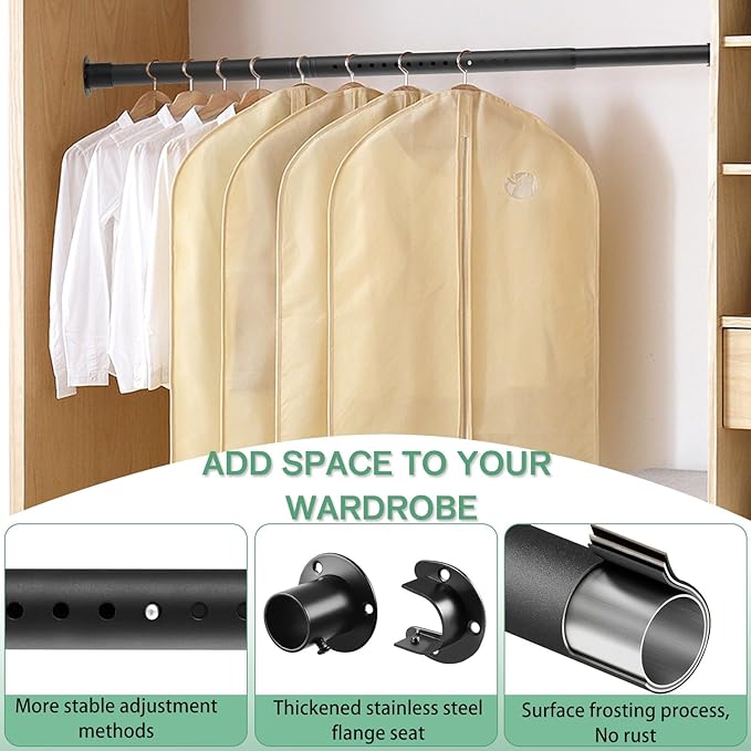Closet Rods for Hanging Clothes, 1.3 Inch Diameter Heavy Duty Closet Rod 17-39 Inch Adjustable Clothes Hanging Bar Metal Black Shower Curtain Rods for Closet, Wardrobes, Bathroom, Windows