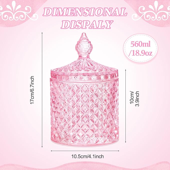 Aoriher 4 Pcs Crystal Glass Candy Jar Set with Lids Home Decorative Storage Jars for Apothecary, Bathroom, Kitchen, and Pantry, Ideal for Cotton Swabs and Jewelry (Large,Pink)