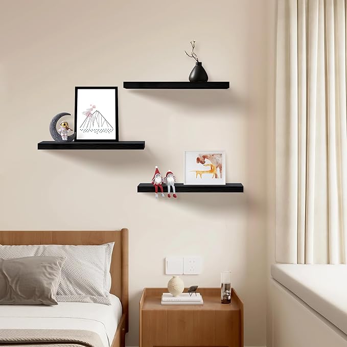Upassion Floating Shelves for Wall Set of 3, 24" Black Wall Shelves for Home Decor, Frame Display Black Floating Shelf for Living Room, Bedroom, Bathroom, Kitchen