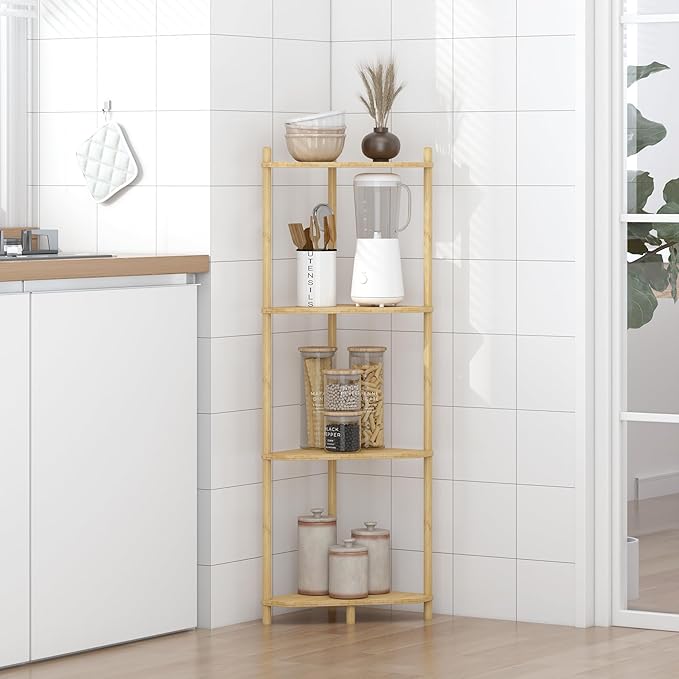 Wisuce Corner Shelf Stand - 4 Tier Bamboo Small Corner Bookshelf for Office Kitchen Bedroom Plant Stand Living Room Decor Small Space (Nature)
