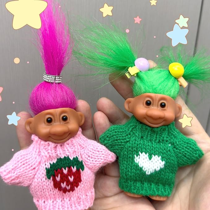 Retro Vintage Lucky Troll Dolls Assorted Hair Colors Chromatic Adorable for Collections, School Project, Arts and Crafts, Party Favors (Green)