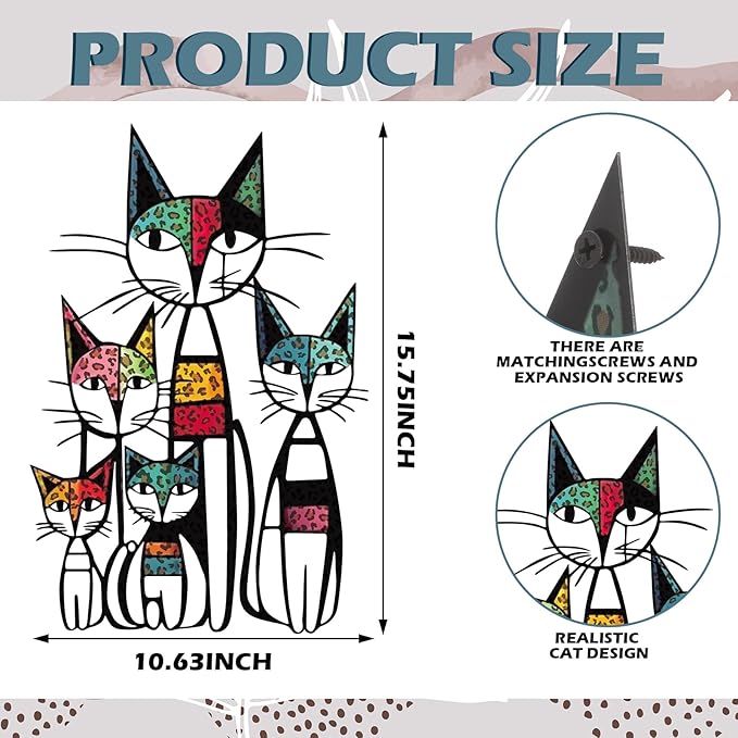 Wesiti Cat Wall Art Decor Iron Wall Sculptures Decor for Cats Lover 10.6 x 15.7 Inches Colorful Mid Century Cat Signs for Home Living Room Bedroom Kitchen Office(Leopard Print)