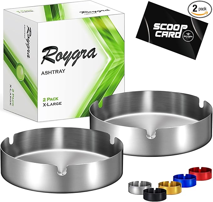 roygra Ash Tray (2 Pack), Outdoor Ashtray for Outside Patio, Stainless Steel Ashtrays for Cigarettes with 3 Holder, Smoking Accessories, Home Décor, Ashtrays for Smokers Indoor - Silver, X-Large