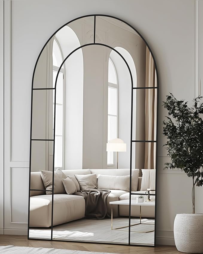 Antok 81" x 41" Full Length Mirror, Floor Mirror Arched Window Decorative Mirror, Metal Framed Decor Farmhouse Floor Mirrors Art Pane Mirrors Wall Decor for Bedroom, Living Room, Entryway Bronwn
